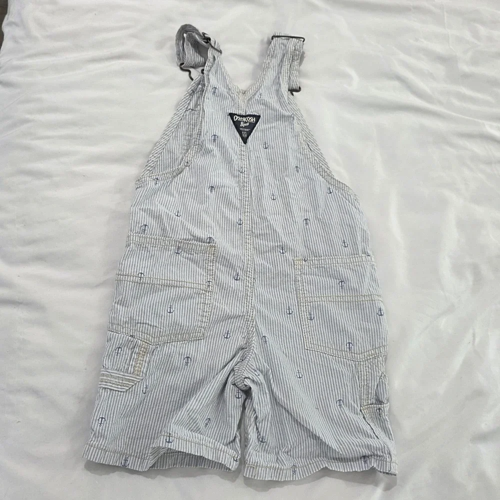 OshKosh Boys Sailor Short Overalls 4T Blue White Stripe Anchor Shortalls
